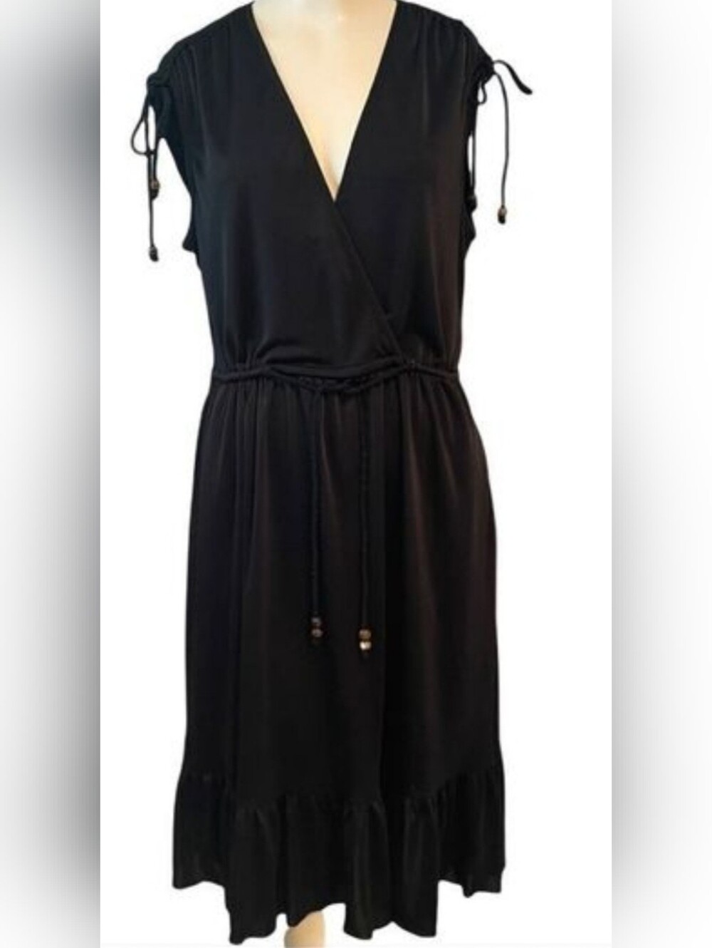 Betsey Johnson Black V Neck Drawstring Midi Dress Faux Wrap Boho Beach Vintage